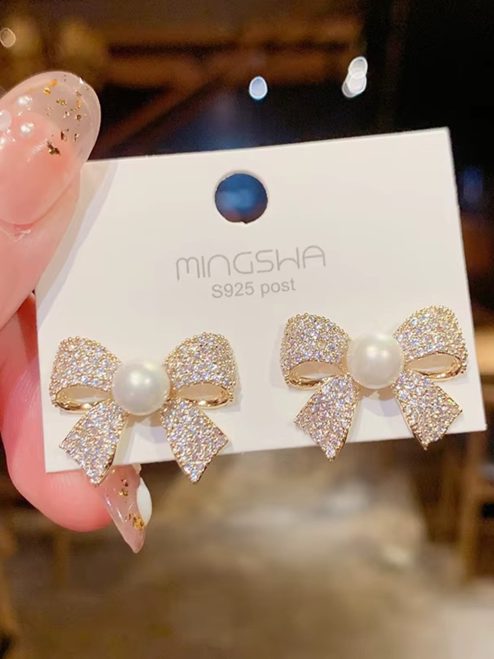 Gold Bow Pearl Earrings with Crystal Pavé
